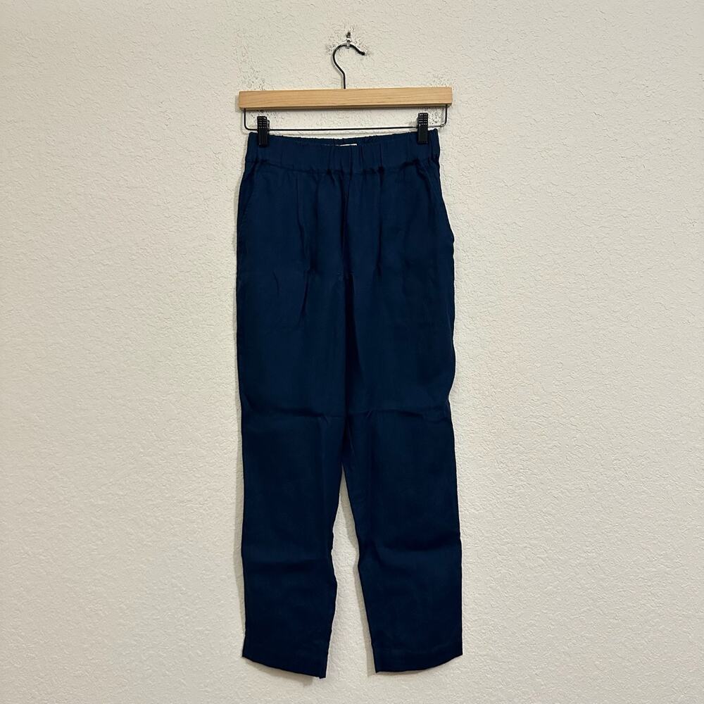 NOT PERFECT LINEN Pants Navy Blue High Rise Crop Trousers Work Travel